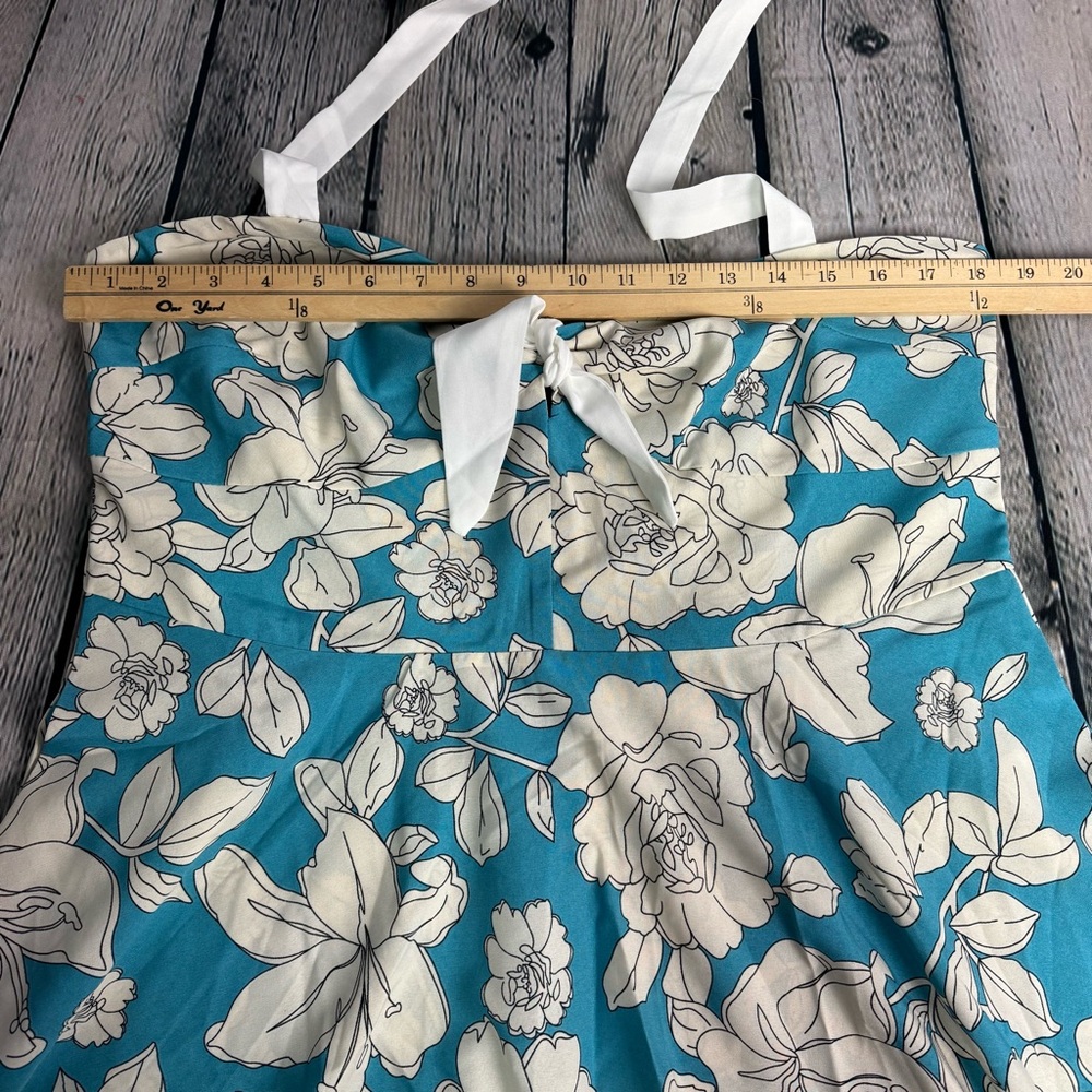 Unique Vintage Retro Blue White Hawaiian Floral A-Line Halter Dress Size XL 14. - Picture 8 of 11